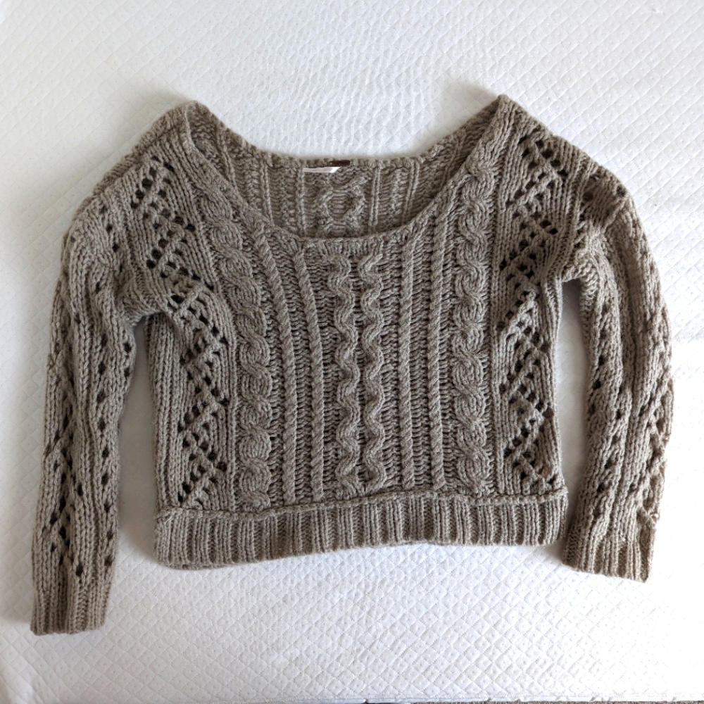 Free People Wool Mohair Blend Beige Open Cable Knit Oversize Sweater Size Medium - Picture 2 of 8